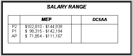 Text Box: SALARY RANGE

	MEP		DCSAA
P2
P1
AP
	$102,810 - $144,939
$  98,315 - $142,194
$  71,854 - $111,167		



