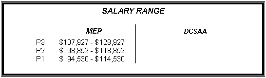 Text Box: SALARY RANGE

	MEP		DCSAA
P3	$107,927 - $128,927		
P2	$  98,852 - $118,852		
P1	$  94,530 - $114,530		


